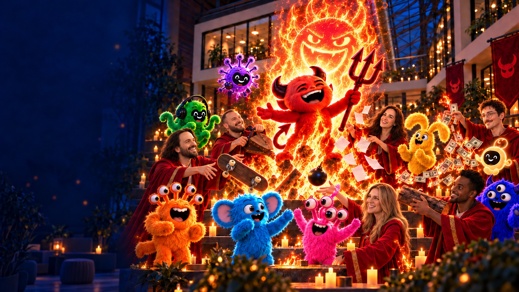 Fictional colleagues celebrate with colourful, friendly AI-agent characters in a bright workplace atrium.