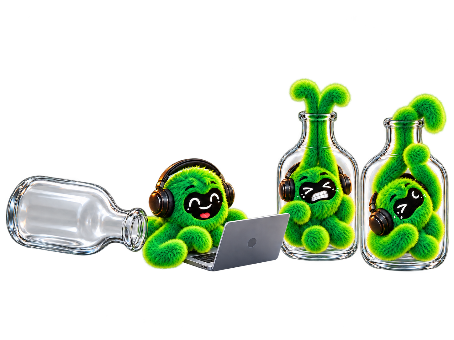 One green octopus agent types on a laptop after escaping an empty fallen bottle while two others try to escape upright bottles.