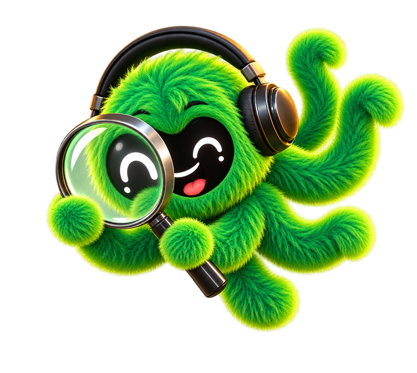 Green octopus agent using a magnifying glass to examine the measurement dashboard.